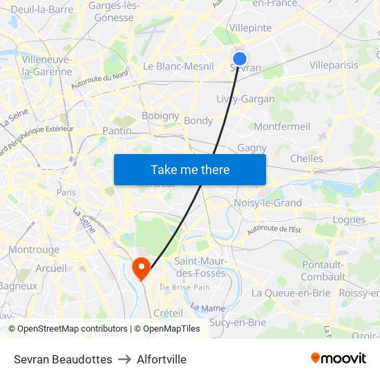 Sevran Beaudottes to Alfortville map