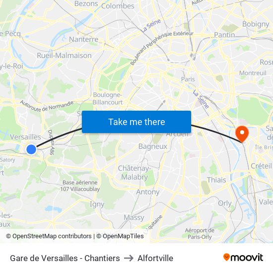 Gare de Versailles - Chantiers to Alfortville map