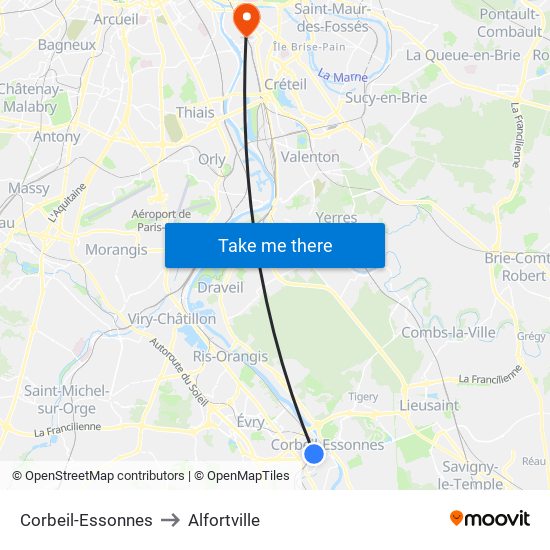 Corbeil-Essonnes to Alfortville map