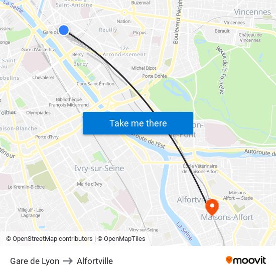 Gare de Lyon to Alfortville map