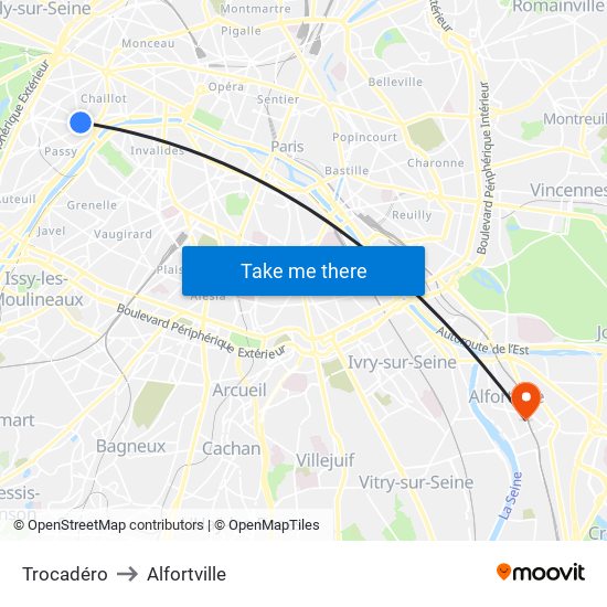 Trocadéro to Alfortville map