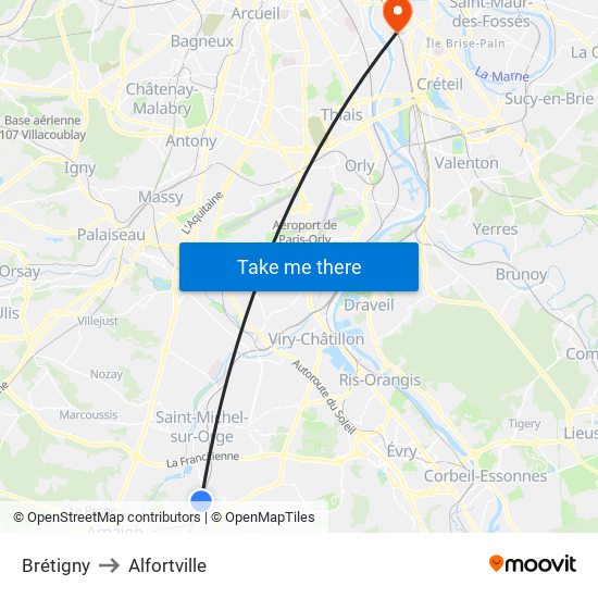 Brétigny to Alfortville map