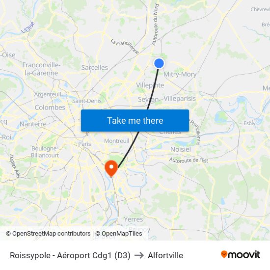 Roissypole - Aéroport Cdg1 (D3) to Alfortville map