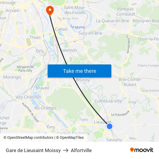 Gare de Lieusaint Moissy to Alfortville map