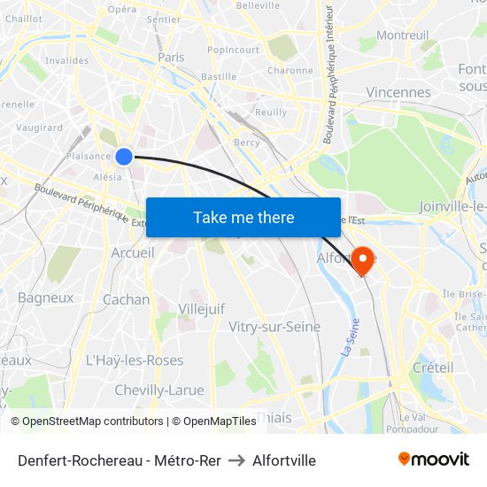 Denfert-Rochereau - Métro-Rer to Alfortville map