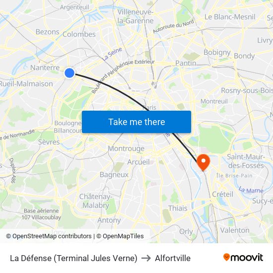 La Défense (Terminal Jules Verne) to Alfortville map