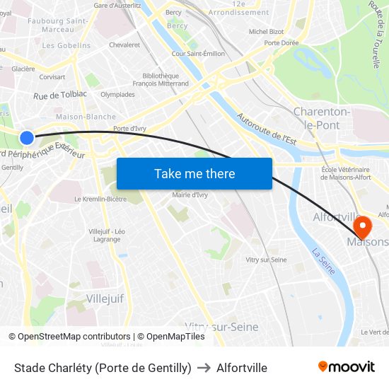 Stade Charléty (Porte de Gentilly) to Alfortville map