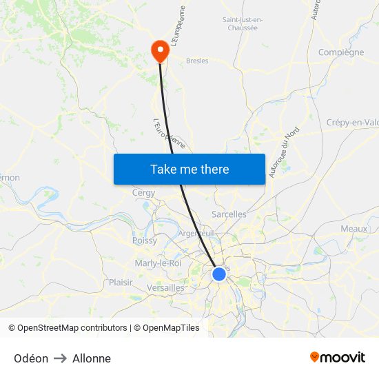 Odéon to Allonne map