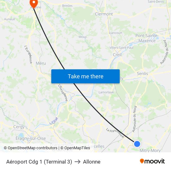 Aéroport Cdg 1 (Terminal 3) to Allonne map