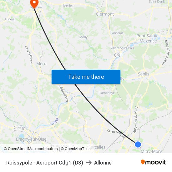 Roissypole - Aéroport Cdg1 (D3) to Allonne map