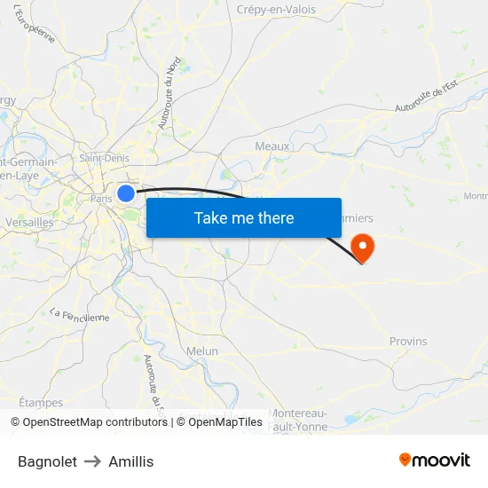 Bagnolet to Amillis map