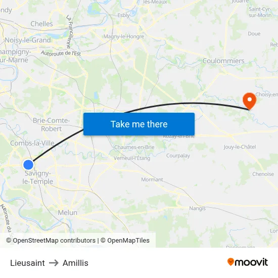 Lieusaint to Amillis map