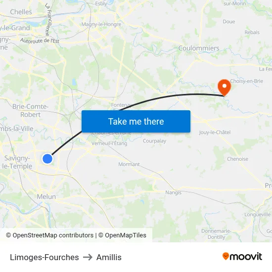 Limoges-Fourches to Amillis map