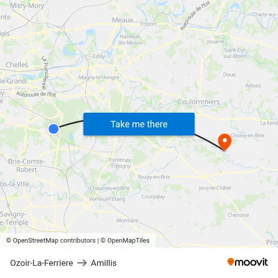 Ozoir-La-Ferriere to Amillis map