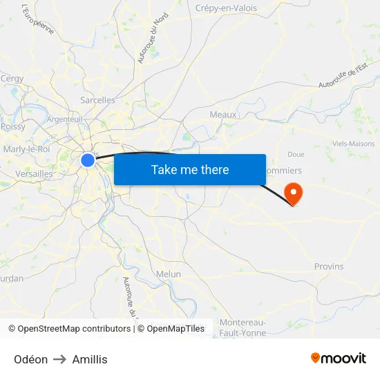 Odéon to Amillis map