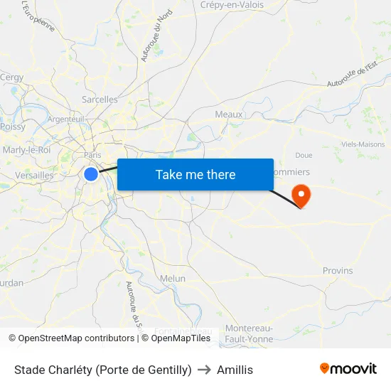 Stade Charléty (Porte de Gentilly) to Amillis map