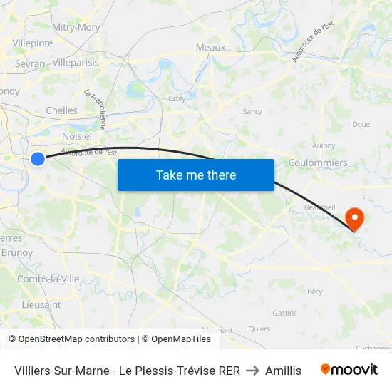 Villiers-Sur-Marne - Le Plessis-Trévise RER to Amillis map