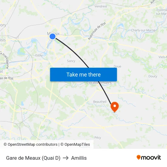 Gare de Meaux (Quai D) to Amillis map