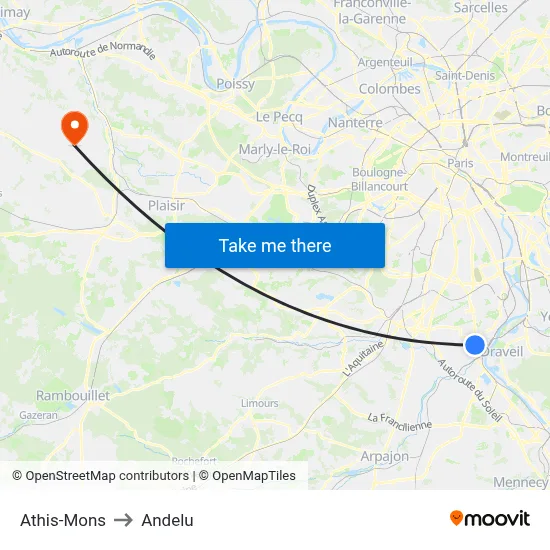 Athis-Mons to Andelu map