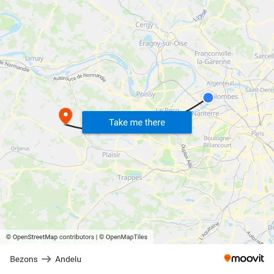 Bezons to Andelu map