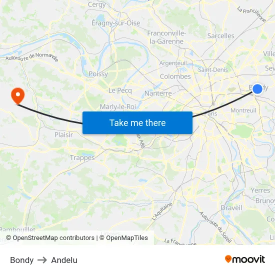 Bondy to Andelu map