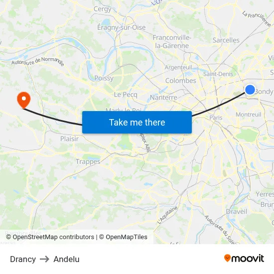 Drancy to Andelu map