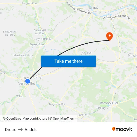 Dreux to Andelu map