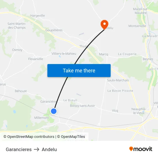 Garancieres to Andelu map