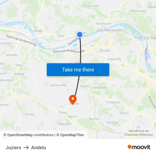 Juziers to Andelu map