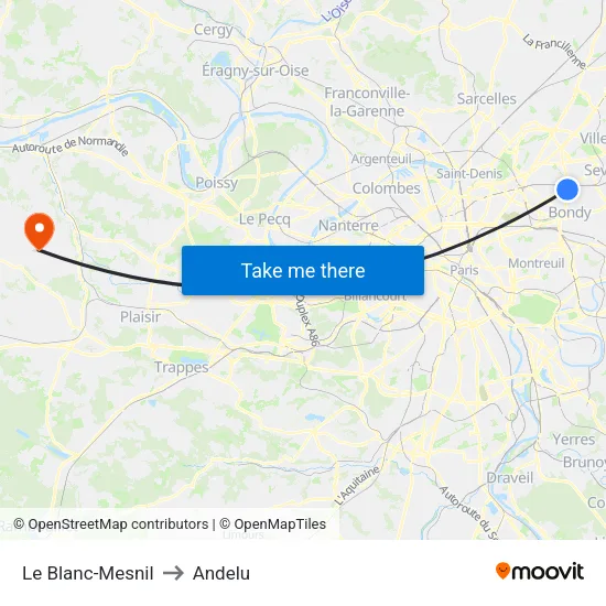 Le Blanc-Mesnil to Andelu map