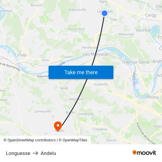 Longuesse to Andelu map