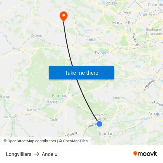 Longvilliers to Andelu map