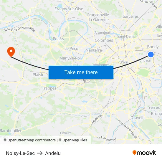 Noisy-Le-Sec to Andelu map
