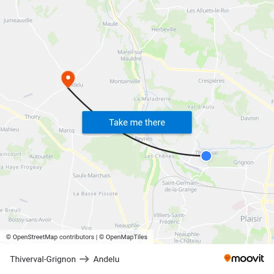 Thiverval-Grignon to Andelu map