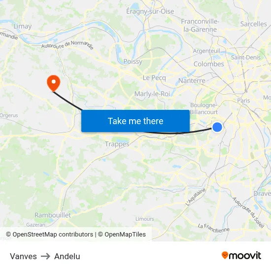 Vanves to Andelu map