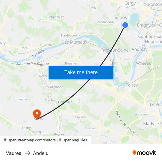 Vaureal to Andelu map