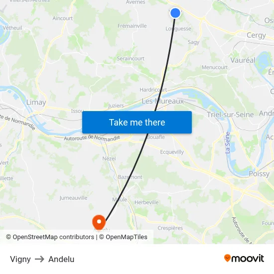 Vigny to Andelu map