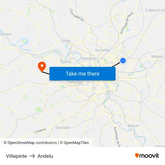 Villepinte to Andelu map