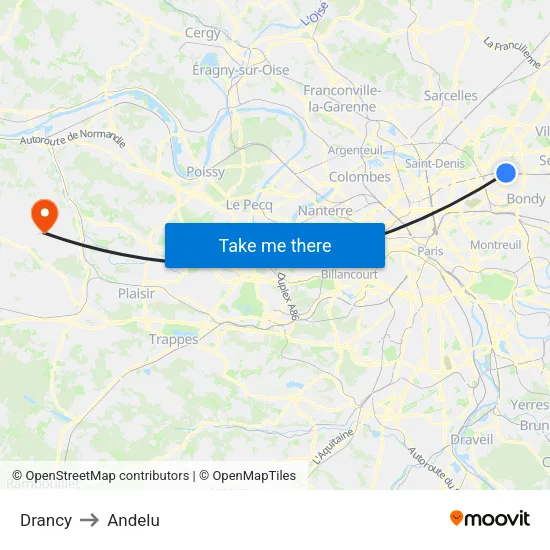Drancy to Andelu map