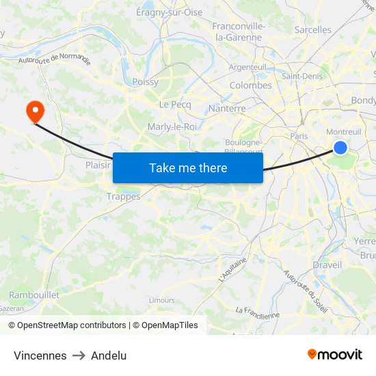 Vincennes to Andelu map