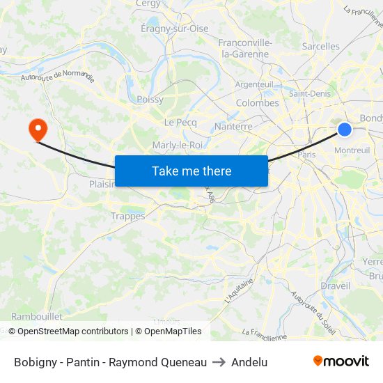 Bobigny - Pantin - Raymond Queneau to Andelu map