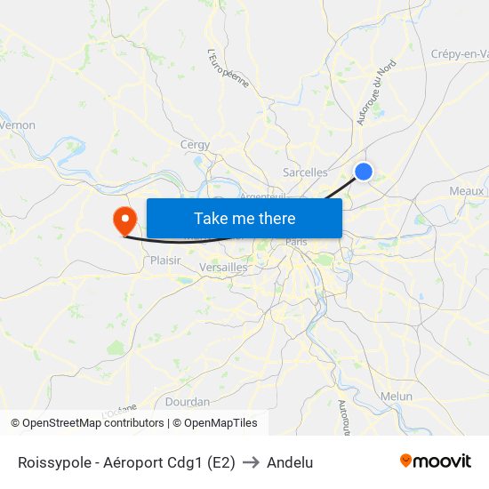 Roissypole - Aéroport Cdg1 (E2) to Andelu map