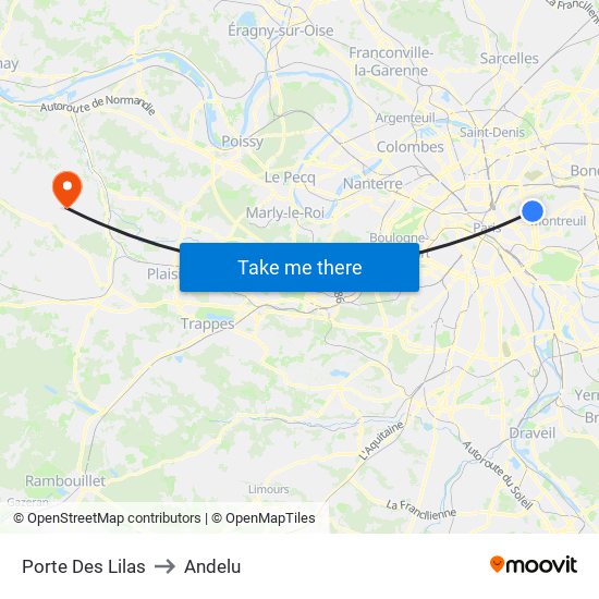 Porte Des Lilas to Andelu map