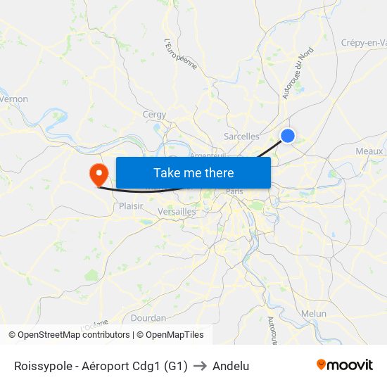 Roissypole - Aéroport Cdg1 (G1) to Andelu map