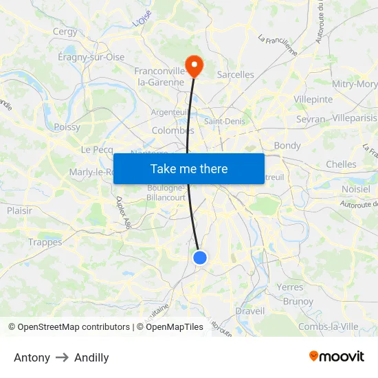 Antony to Andilly map