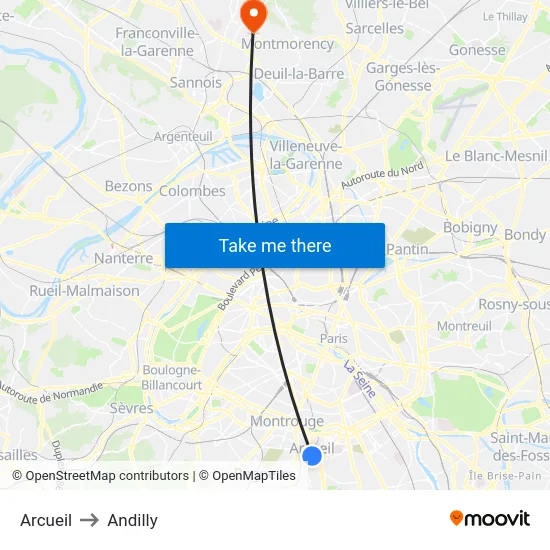 Arcueil to Andilly map