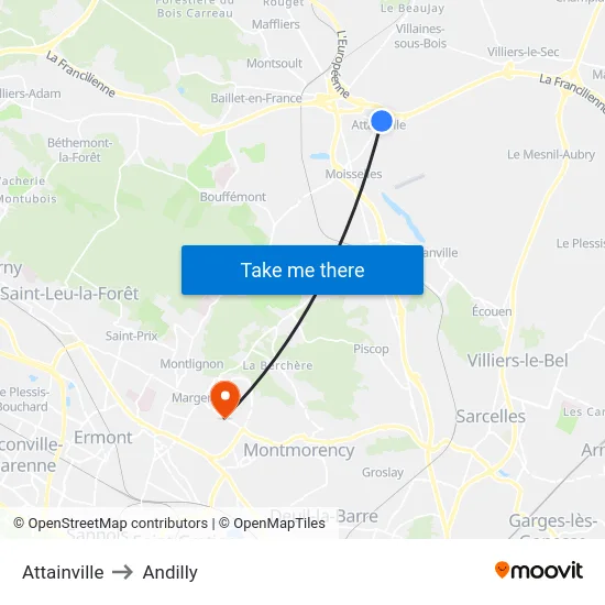 Attainville to Andilly map