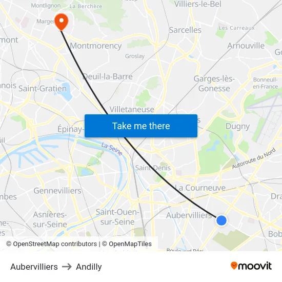 Aubervilliers to Andilly map