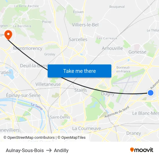 Aulnay-Sous-Bois to Andilly map