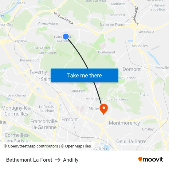 Bethemont-La-Foret to Andilly map